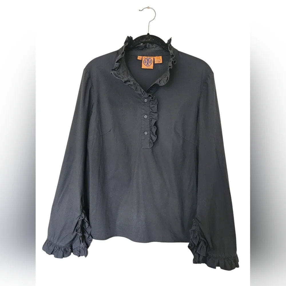 TORY BURCH black ruffle, button up blouse, size 6